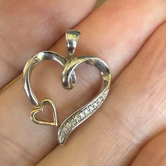 925 Sterling Silver / 10K Gold Real Diamond Double Heart Charm Pendant - Picture 6 of 12